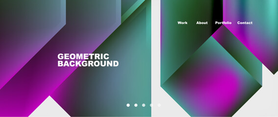 Fototapeta premium The geometric background features a gradient of purple and green triangles, creating a mesmerizing pattern. The colors transition seamlessly, making it perfect for electronic device displays