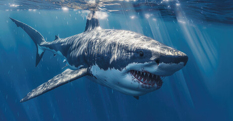 A great white shark, seen from the front underwater in clear blue water with waves behind it, mouth open and sharp teeth visible, showcasing its power and majesty