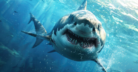 A great white shark, seen from the front underwater in clear blue water with waves behind it, mouth...