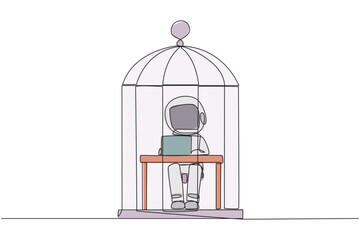 Single one line drawing astronaut trapped in the cage sitting and typing on laptop computer. Tiring routine. Unhappy astronaut with the many deadline. Continuous line design graphic illustration