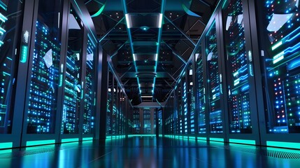 High Tech server room with advanced data center technology. The scene includes rows of large computer. This design symbolizes modern tech innovation in cloud computing and security services. - obrazy, fototapety, plakaty