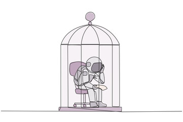 Continuous one line drawing astronaut trapped in the cage sitting pensively holding paper. Failed business. Read the bankruptcy statement. Frustration. Sad. Single line draw design vector illustration