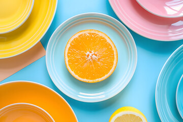 Minimal flatlay of slice Orange on colorful plates, Topview, pastel color plates