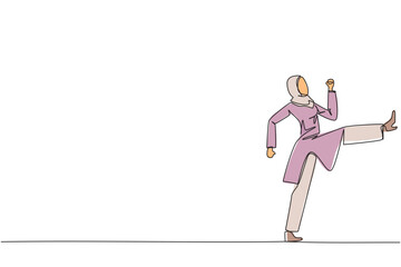 Single one line drawing Arabian businesswoman doing kicking motion. Stretch before office hours start. A healthy way to stay focused on doing business. Continuous line design graphic illustration