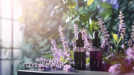 Fototapeten herbal essential oil bottles and fresh lavender flowers © ihalilyp