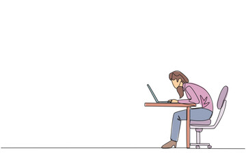 Continuous one line drawing businesswoman sitting and typing on laptop computer. Work hard to achieve maximum expected results. Overtime and work smart. Single line draw design vector illustration
