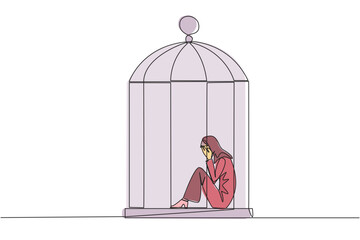 Continuous one line drawing Arab businesswoman trapped in the cage sitting covering face. Feel utterly defeated. Trapped in a dirty business. Mentally tired. Lost. Single line draw vector illustration