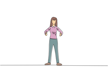 Continuous one line drawing businesswoman standing straight. Survive inflation and pandemics. Looking to the future of business is full of hopes of success. Single line draw design vector illustration