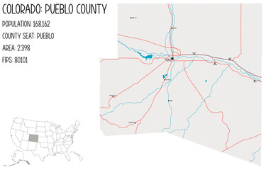 Large and detailed map of Pueblo County in Colorado, USA.