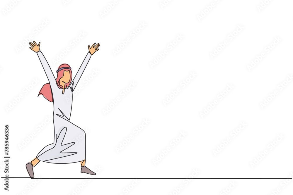 Wall mural Single one line drawing Arabian businessman running to celebrate the success of business. Like a football player who scores goal, he celebrates. Success. Continuous line design graphic illustration - Wall murals