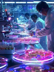 Vibrant Pharmaceutical Research in a Modern Laboratory Setting With Glowing Petri Dishes and Interconnected Pathways