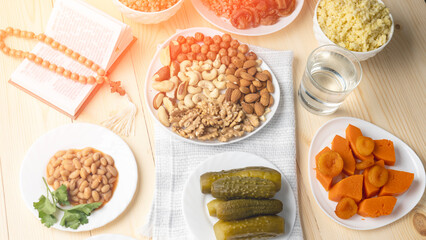 Lenten food for orthodox Christians on wooden background, concept of righteous food.