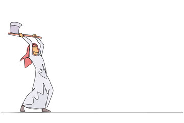 Continuous one line drawing Arabian businessman swinging an axe. Style like a lumberjack. Strong. Muscular. Powerful. Sports for physical health. Awareness. Single line draw design vector illustration