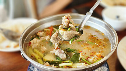 Tom Zabb Hot and Spicy Soup with Pork Ribs. Hot and Spicy Pork Prime Ribs Soup. Thai Food. Tom Zab...
