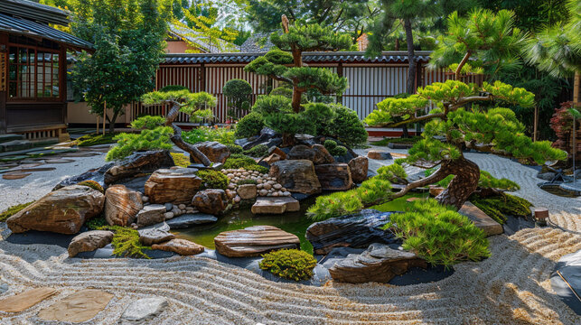 a Japanese Zen garden, meticulously arranged with carefully raked gravel, serene koi ponds, and perfectly pruned bonsai trees evoking a sense of tranquility and harmony. on Coral color background