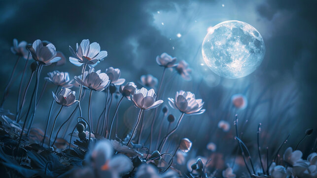 a moonlit garden, where moonflowers unfurl their ethereal petals under the silver glow of the moon, casting enchanting shadows upon the earth