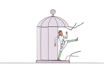Single continuous line drawing Arab businessman trapped in cage kick the cage until wrecked. Freedom of expression for the smooth running of business. Distractions. One line design vector illustration