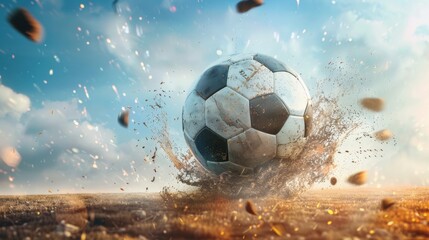 Soccer ball flying through the air after a powerful kick
