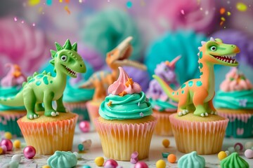 dinosaur party themed, delicious cupcakes decorated with little dinosaurs on a bokeh background