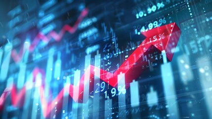 The stock market is growing, represented by an upward pointing red arrow on a blue background with numbers and graphs. numbers and graphs to depict stock market growth. - obrazy, fototapety, plakaty