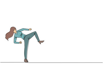 Obraz premium Continuous one line drawing businesswoman doing taekwondo movements. Kicking motion. Strong legs. Keeping business with sport. Keep healthy stay strong. Single line draw design vector illustration