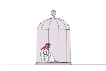 Single continuous line drawing Arab businessman trapped in the cage sitting covering face. Feel utterly defeated. Trapped in a dirty business. Mentally tired. Lost. One line design vector illustration