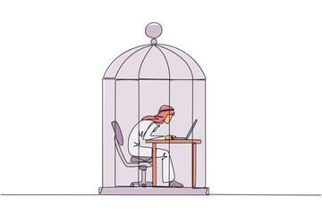 Single one line drawing Arabian businessman trapped in cage working on laptop. Plan to take annual leave to get away from routine. Workaholic. Overtime. Continuous line design graphic illustration