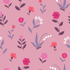 Seamless pattern in pink, red, purple and white colors with cute flowers. Vector graphics.