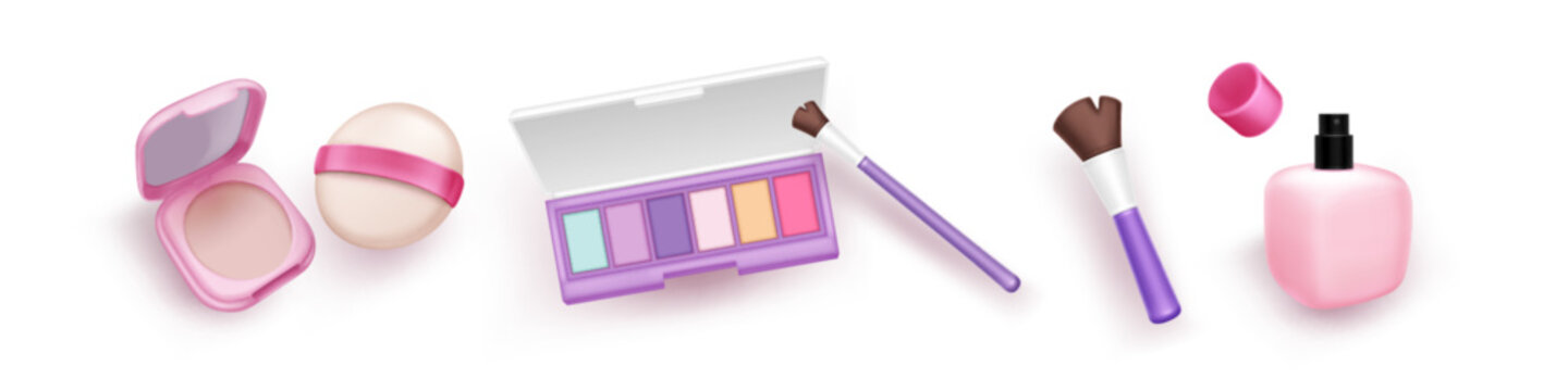 3d beauty and cosmetic makeup product vector icon. Cream bottle, brush, perfume and powder for face png pack. Render female personal eyeshadow packaging element and sponge isolated on white background