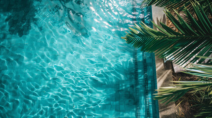 南国のプールの水面を真上から撮った写真え　ヤシの木
