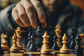 Chess player holding a piece and chess game on the chessboard in the background, game tournament concept