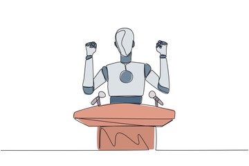 Continuous one line drawing smart robotic speaking at the podium while raising and clenching both hands. Styled like a politician seeking votes. Orator. Single line draw design vector illustration