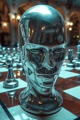 Figure in silver-colored face armor, commanding presence on a giant chessboard, strategic and imposing, dramatic lighting,