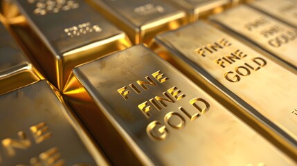 A pile of gold bars with the words FINE GOLD engraved on them, arranged neatly in rows and columns.