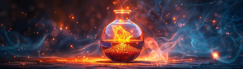 Magic ingredient in a mystical potion, glowing with enchanted light, elements of earth, air, fire, water, whimsical and captivating, - obrazy, fototapety, plakaty