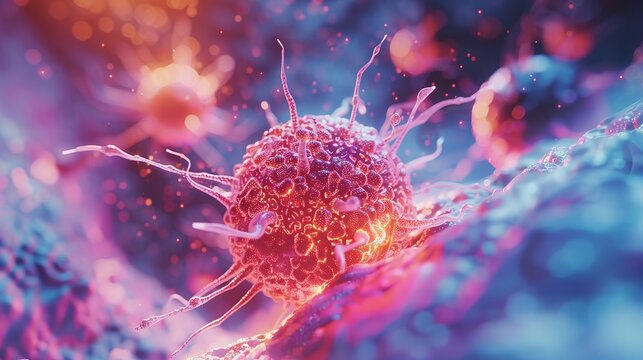 A single healthy cell dividing normally, contrasted with a mutated cell dividing uncontrollably, symbolizing the impact of a cancer virus on cell growth.