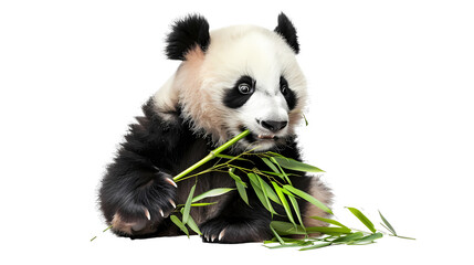 giant panda eating bamboo isolated on white background - obrazy, fototapety, plakaty