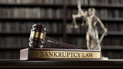 Bankruptcy Law:: Judge's Gavel as a symbol of legal system, Themis is the goddess of justice and wooden stand with text word - 785948537