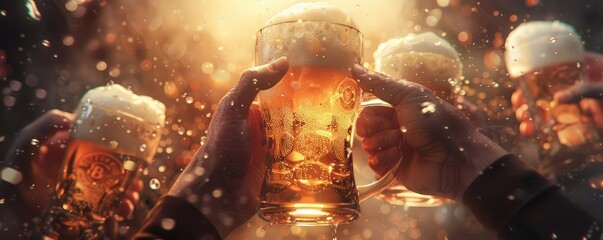 A person's hand grips a full beer mug, backlighted by warm, roaring fire giving a cozy atmosphere