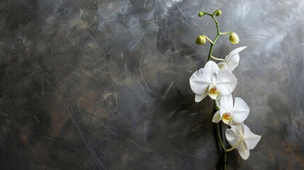 A single white orchid stem with a single, elegant bloom against a backdrop of charcoal grey. 