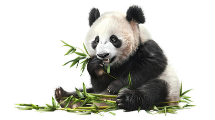 giant panda eating bamboo isolated on white background - obrazy, fototapety, plakaty