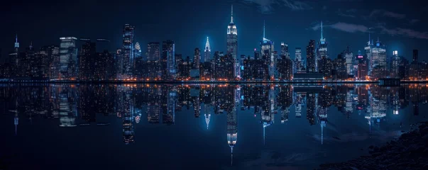 Fotobehang Panoraic Photography of New York City. Free Space, copy space. New York City Manhattan downtown skyline at dusk with skyscrapers illuminated over Hudson River © Henrry L