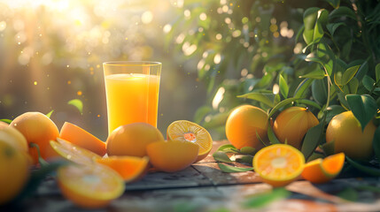 Health Benefits of Freshly Squeezed Orange Juice in Nature-Inspired Setting - obrazy, fototapety, plakaty