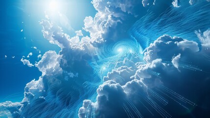 A swirling cloud formation in a bright blue sky, with data streams and binary code flowing through it, symbolizing the vast and ever-accessible nature of cloud computing.  - obrazy, fototapety, plakaty