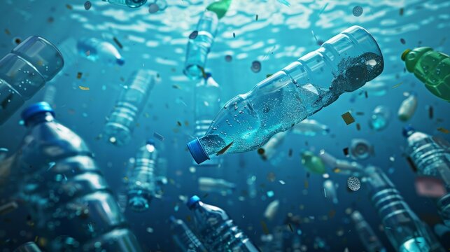 Image of microplastics in water bottles Showing how microplastics are distributed in the environment.3D rendering