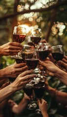 Friends cheerfully toasting with red wine glasses at lively outdoor summer celebration