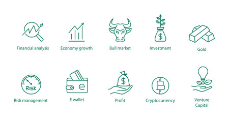 Comprehensive Financial Icons Set: Vector Illustrations Covering Financial Analysis, Economic Growth, Bull Market, Investment, Gold, Risk Management, E-Wallets, Profit, Cryptocurrency