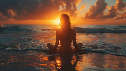 a woman sits on the beach at sunset.
