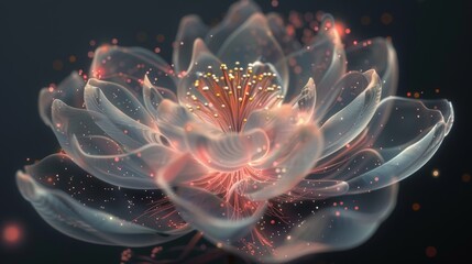 A time-lapse of a flower blooming, its petals unfurling to reveal the intricate atomic processes of growth.3D rendering. 