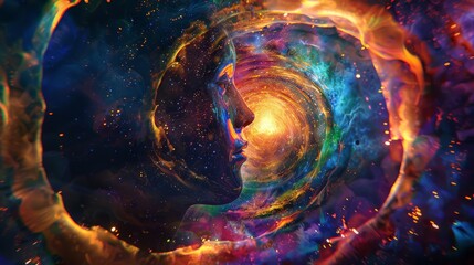 A vibrant kaleidoscope of colors swirling within a human head, representing the complexity of human thought and emotions.